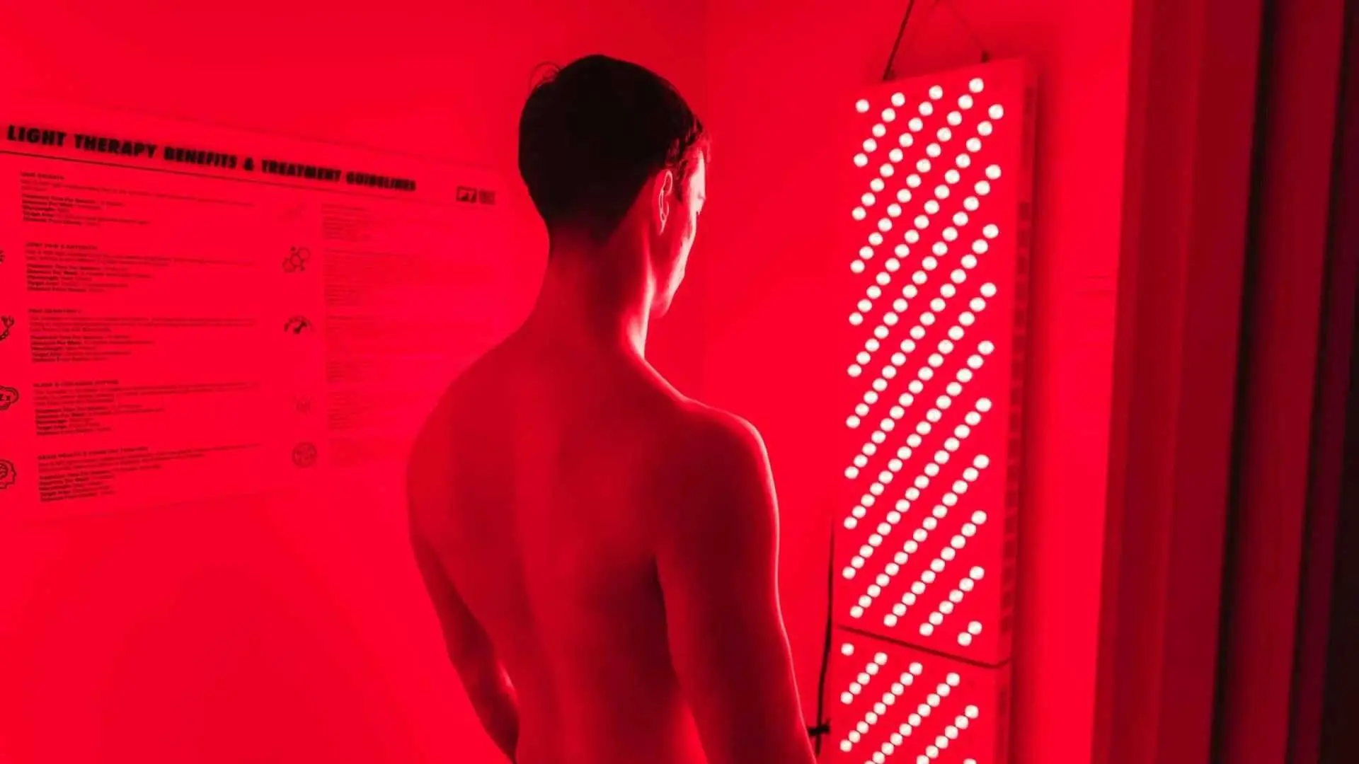 Shirtless man stands facing large red light therapy panel emitting bright red light indoors.