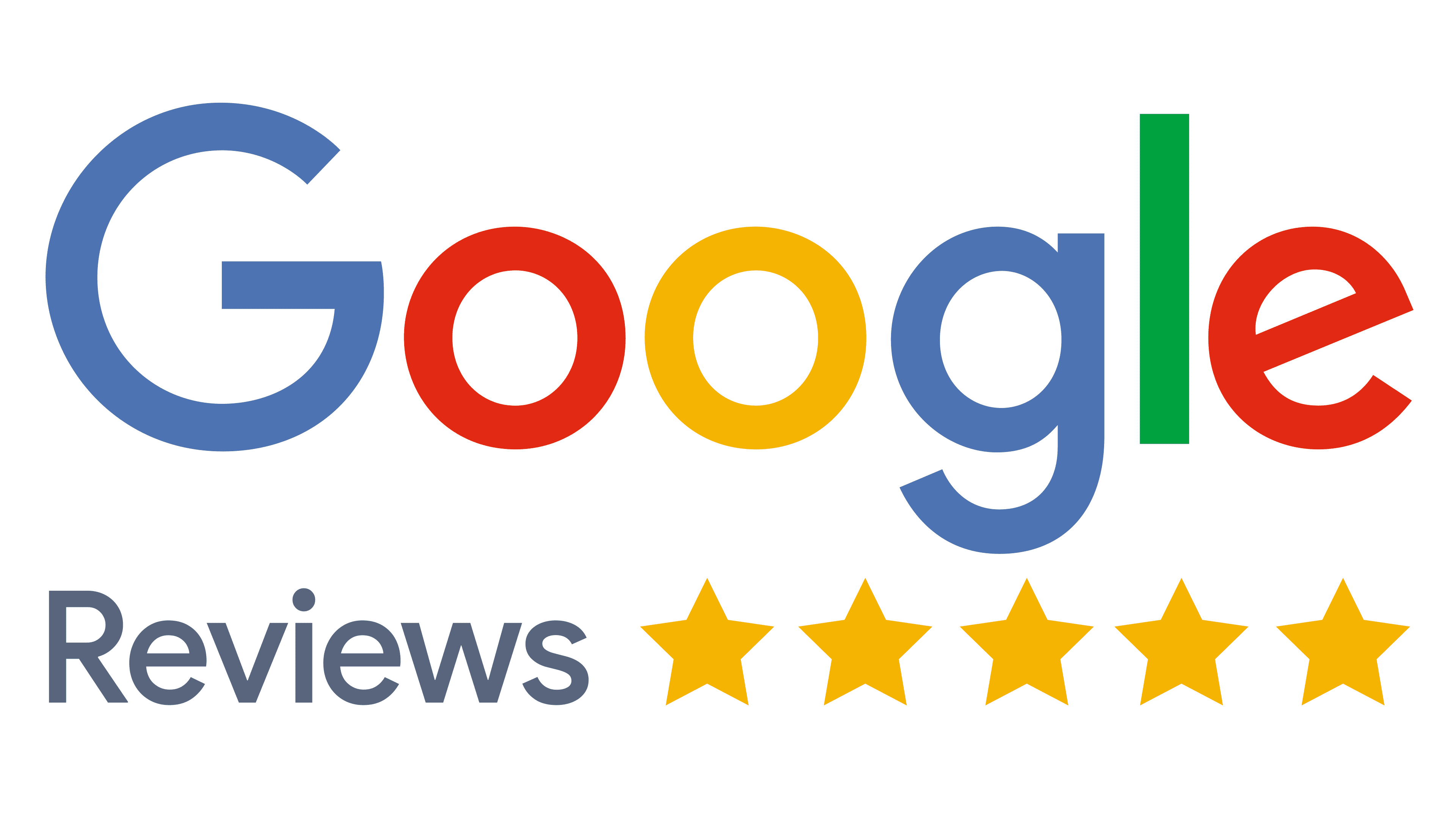 Google logo with word Reviews and five yellow stars indicating a five-star rating.