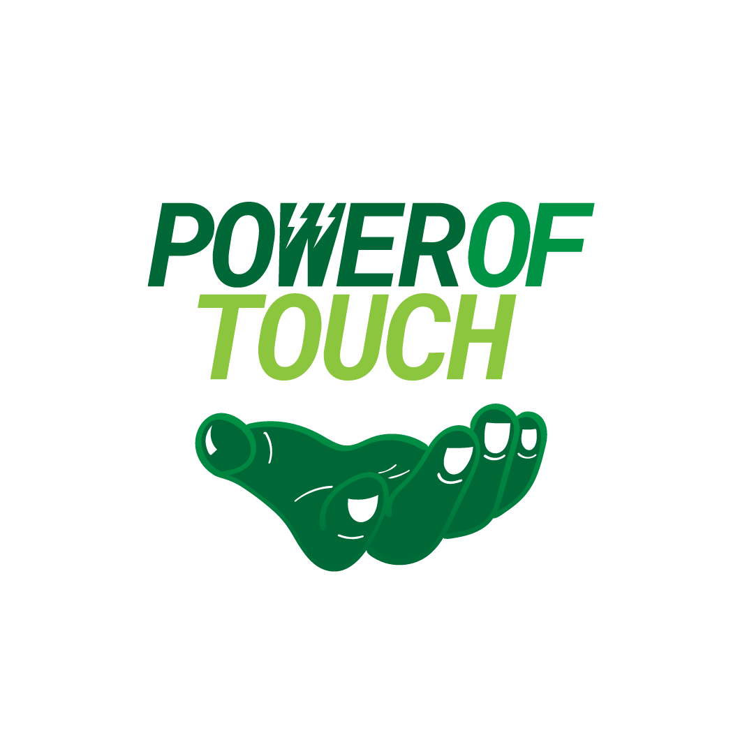 Logo with the text 'Power of Touch' above a green open hand illustration.