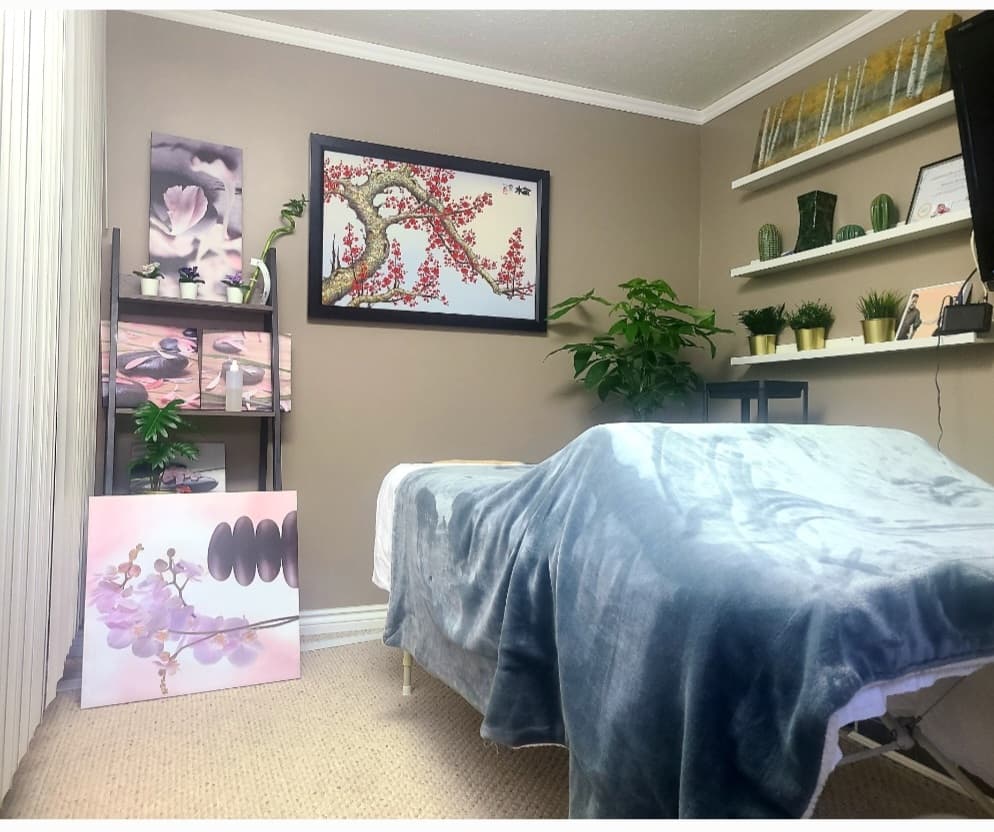 Calm massage room with a massage table covered by a blue blanket and surrounding green plants.