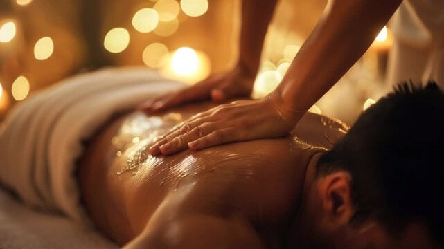 Person receiving a back massage with oil in a dimly lit room with warm decorative lights.