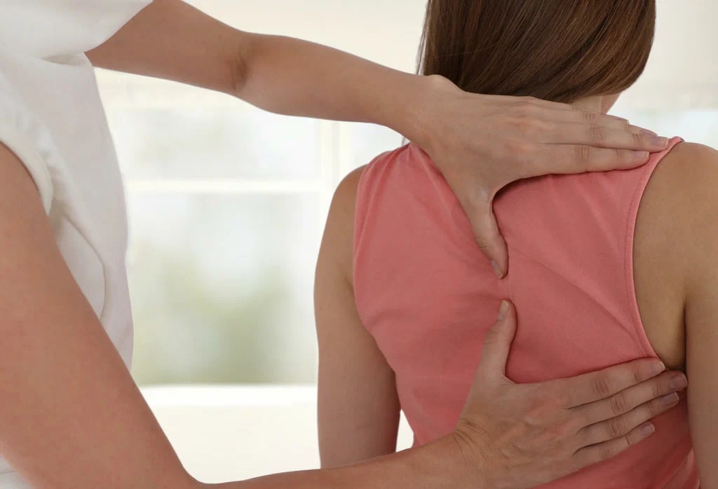 Person receiving a back massage or chiropractic adjustment, hands pressing on upper back muscles.