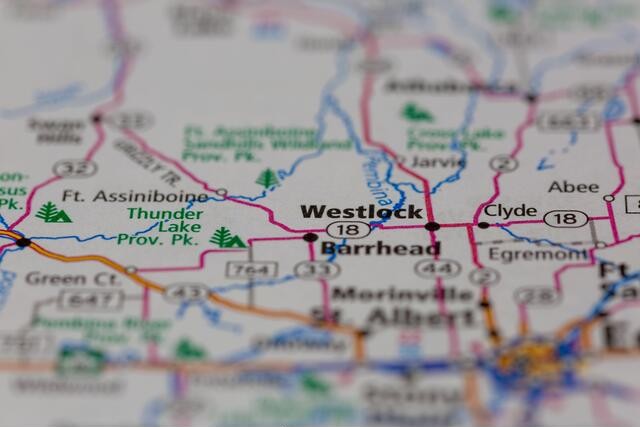 Map focused on Westlock, Barrhead, Ft. Assiniboine, Thunder Lake Provincial Park, and nearby Alberta towns.